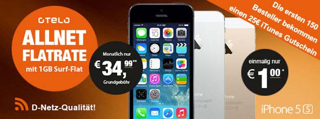 iPhone 5S mit AllNet Flat nur 34,99 EUR - iTunes Gutschein inklusive