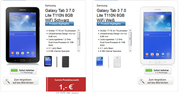 2x Samsung Galaxy Tab 3 7.0 + 500 MB Internet Flat nur 11 EUR
