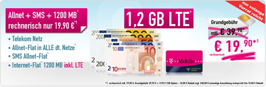 T-Mobile AllNet Flat + SMS Flat + 1,2 GB Flat nur 19,90 EUR